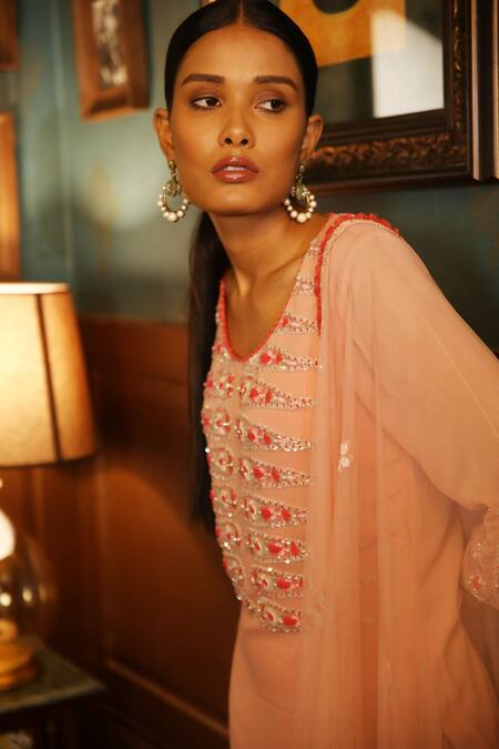 Radha Sharma_Pink Crepe, Georgette Sequin, Glass Bead U Neck Embroidered Kurta Palazzo Set_Online_at_Aza_Fashions
