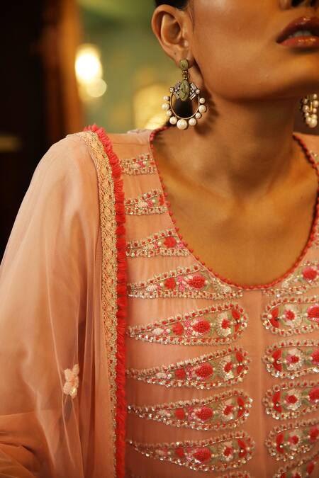 Buy_Radha Sharma_Pink Crepe, Georgette Sequin, Glass Bead U Neck Embroidered Kurta Palazzo Set_Online_at_Aza_Fashions