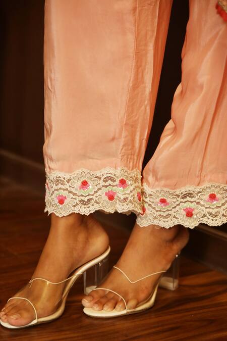 Radha Sharma_Pink Crepe, Georgette Sequin, Glass Bead U Neck Embroidered Kurta Palazzo Set_at_Aza_Fashions