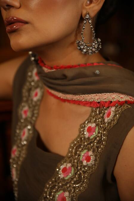 Radha Sharma_Grey Georgette Embroidery Sequin Square Neck Kurta Palazzo Set  _Online_at_Aza_Fashions