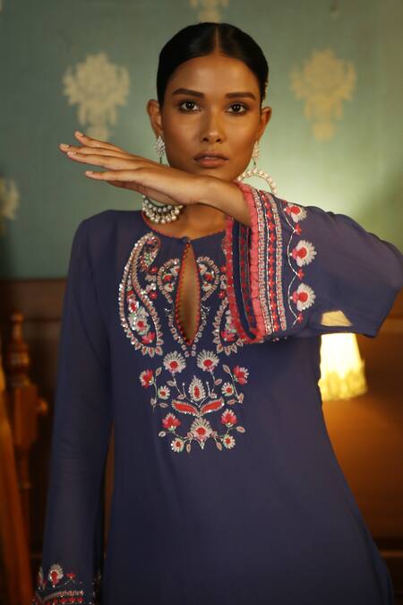 Radha Sharma_Blue Crepe, Georgette Paisley, Sequin, Glass Bead Keyhole Embroidered Kurta Set_Online_at_Aza_Fashions