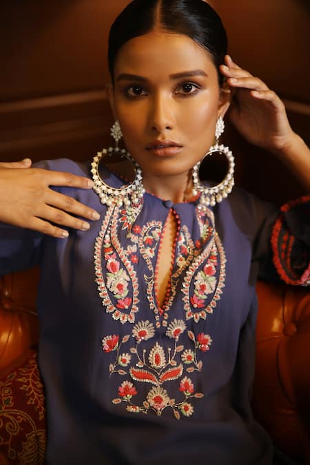 Buy_Radha Sharma_Blue Crepe, Georgette Paisley, Sequin, Glass Bead Keyhole Embroidered Kurta Set_Online_at_Aza_Fashions