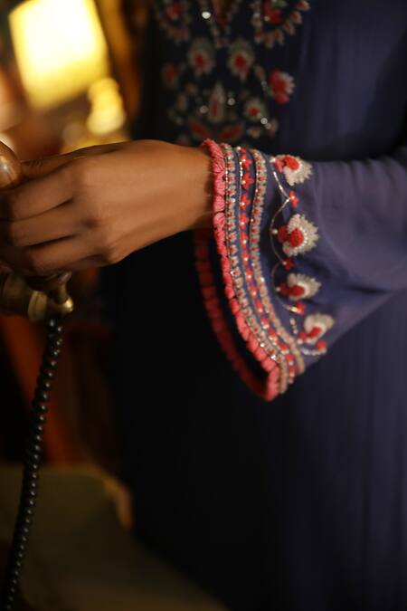 Shop_Radha Sharma_Blue Crepe, Georgette Paisley, Sequin, Glass Bead Keyhole Embroidered Kurta Set_Online_at_Aza_Fashions