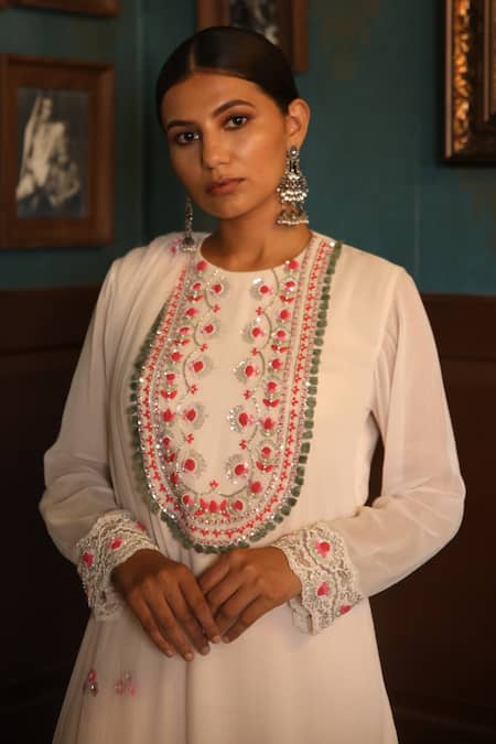 Shop Radha Sharma Ivory Georgette Embroidery Floral Round Kurta Set at Aza Fashions Shop_Radha Sharma_Ivory Georgette Embroidery Floral Round Kurta Set _at_Aza_Fashions