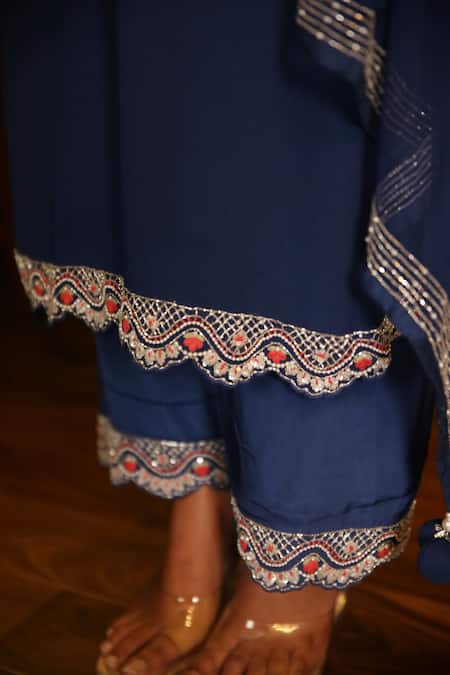 Shop_Radha Sharma_Blue Crepe, Georgette Paisley, Sequin, Glass Bead Leaf Embroidered Kurta Set _Online_at_Aza_Fashions