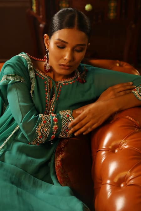 Radha Sharma_Green Crepe, Georgette Floral, Sequin, Glass Bead Embroidered Kurta Palazzo Set _Online_at_Aza_Fashions