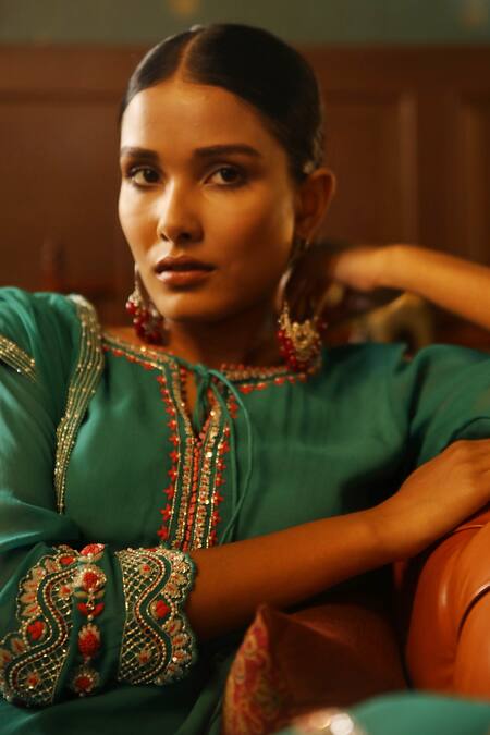 Buy_Radha Sharma_Green Crepe, Georgette Floral, Sequin, Glass Bead Embroidered Kurta Palazzo Set _Online_at_Aza_Fashions