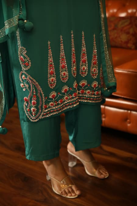 Shop_Radha Sharma_Green Crepe, Georgette Floral, Sequin, Glass Bead Embroidered Kurta Palazzo Set _Online_at_Aza_Fashions