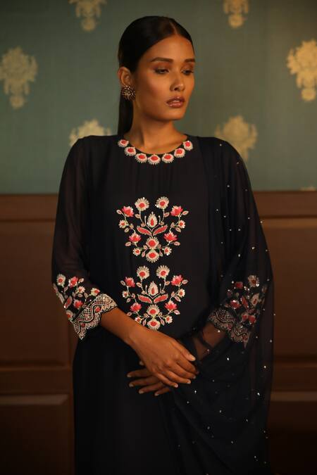 Radha Sharma_Blue Georgette Embroidery Floral Round Kurta Set  _Online_at_Aza_Fashions