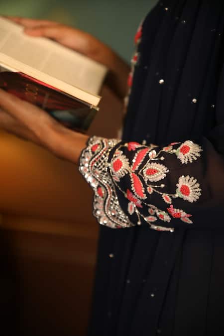 Shop_Radha Sharma_Blue Georgette Embroidery Floral Round Kurta Set  _Online_at_Aza_Fashions