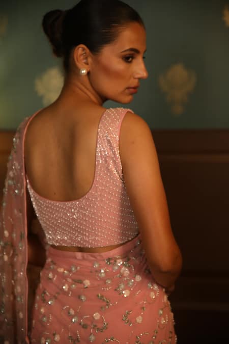 Shop_Radha Sharma_Pink Crepe, Georgette Pearl, Sequin, Glass Bead Pre-draped Saree With Blouse _at_Aza_Fashions