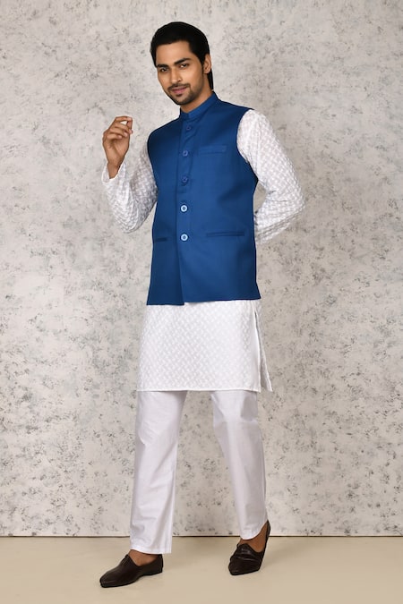 Arihant Rai Sinha Plain Blue Band Collar Bundi 