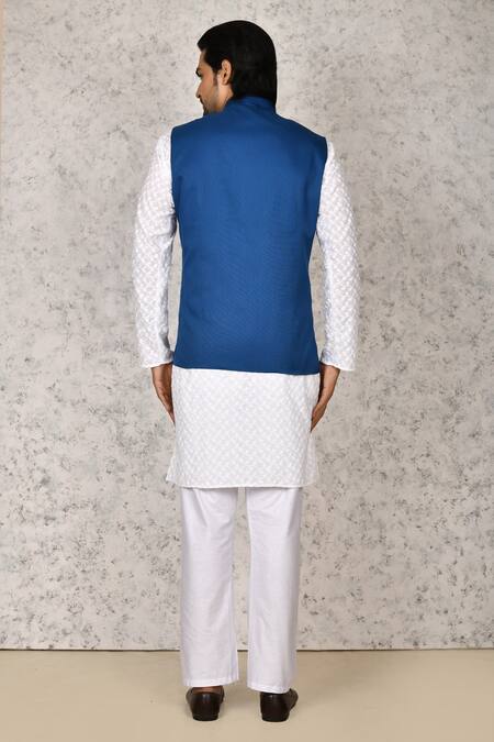 Shop Arihant Rai Sinha Blue Cotton Plain Band Collar Bundi at Aza Fashions Shop_Arihant Rai Sinha_Blue Cotton Plain Band Collar Bundi _at_Aza_Fashions