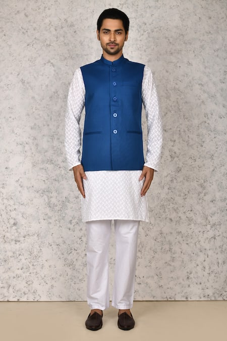 Arihant Rai Sinha Blue Cotton Plain Band Collar Bundi Online at Aza Fashions Arihant Rai Sinha_Blue Cotton Plain Band Collar Bundi _Online_at_Aza_Fashions