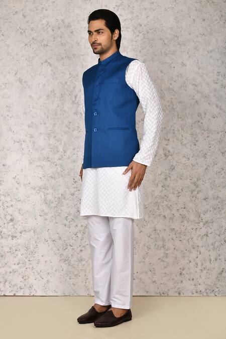 Buy Arihant Rai Sinha Blue Cotton Plain Band Collar Bundi Online at Aza Fashions Buy_Arihant Rai Sinha_Blue Cotton Plain Band Collar Bundi _Online_at_Aza_Fashions