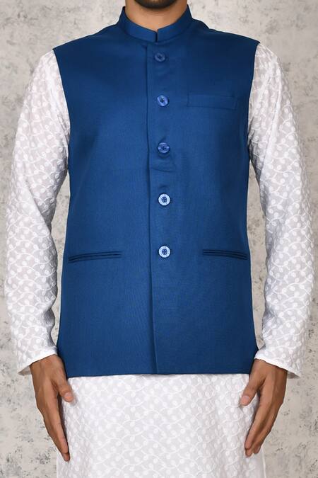 Shop Arihant Rai Sinha Blue Cotton Plain Band Collar Bundi Online at Aza Fashions Shop_Arihant Rai Sinha_Blue Cotton Plain Band Collar Bundi _Online_at_Aza_Fashions