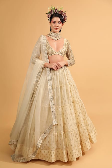 Neha Khullar_Ivory Organza, Banarasi Organza, Lining Cotton Shantoon Tiered Lehenga Set _Online_at_Aza_Fashions