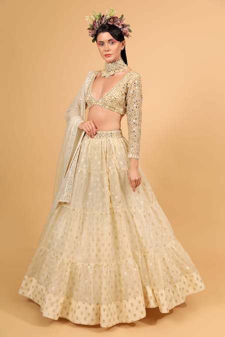 Buy_Neha Khullar_Ivory Organza, Banarasi Organza, Lining Cotton Shantoon Tiered Lehenga Set _Online_at_Aza_Fashions