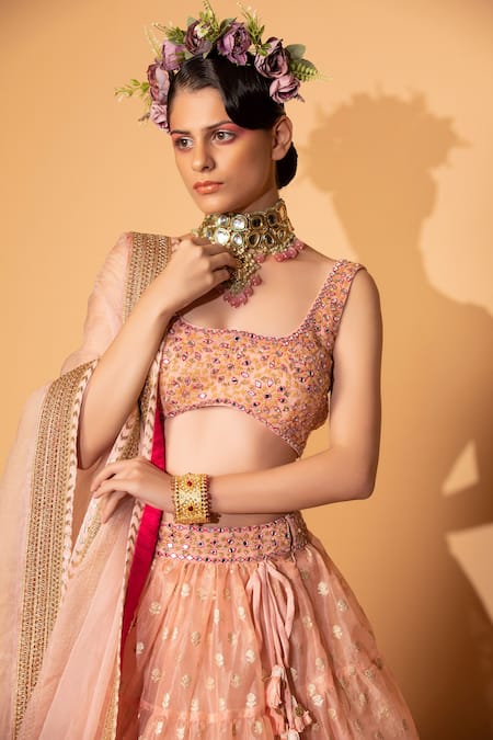 Neha Khullar Peach Organza, Banarasi Organza, Lining Cotton Shantoon Tiered Lehenga Set Online at Aza Fashions Neha Khullar_Peach Organza, Banarasi Organza, Lining Cotton Shantoon Tiered Lehenga Set _Online_at_Aza_Fashions