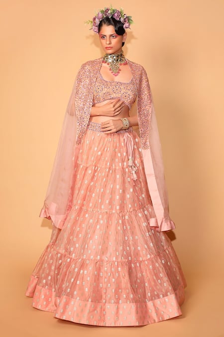 Neha Khullar Tiered Lehenga Set With Embroidered Cape 