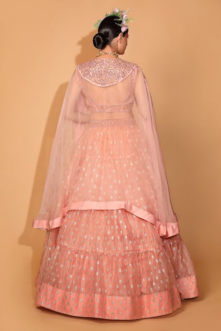 Shop_Neha Khullar_Peach Organza, Banarasi Organza, Tiered Lehenga Set With Embroidered Cape _at_Aza_Fashions