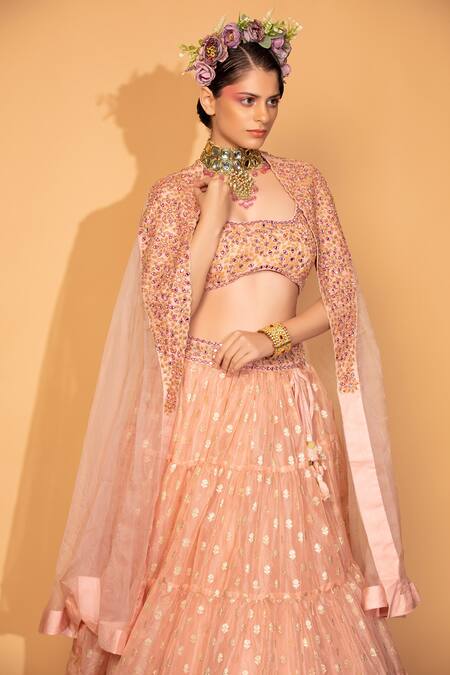 Neha Khullar Peach Organza, Banarasi Organza, Tiered Lehenga Set With Embroidered Cape Online at Aza Fashions Neha Khullar_Peach Organza, Banarasi Organza, Tiered Lehenga Set With Embroidered Cape _Online_at_Aza_Fashions