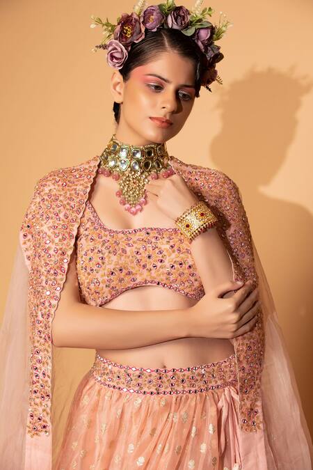 Buy Neha Khullar Peach Organza, Banarasi Organza, Tiered Lehenga Set With Embroidered Cape Online at Aza Fashions Buy_Neha Khullar_Peach Organza, Banarasi Organza, Tiered Lehenga Set With Embroidered Cape _Online_at_Aza_Fashions