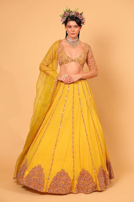 Buy_Neha Khullar_Yellow Organza, Tulle, Lining Cotton Shantoon Mirror Embroidered Lehenga Set _Online_at_Aza_Fashions