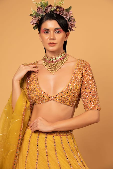 Shop_Neha Khullar_Yellow Organza, Tulle, Lining Cotton Shantoon Mirror Embroidered Lehenga Set _Online_at_Aza_Fashions
