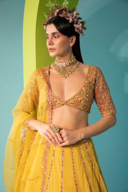 Neha Khullar_Yellow Organza, Tulle, Lining Cotton Shantoon Mirror Embroidered Lehenga Set _at_Aza_Fashions