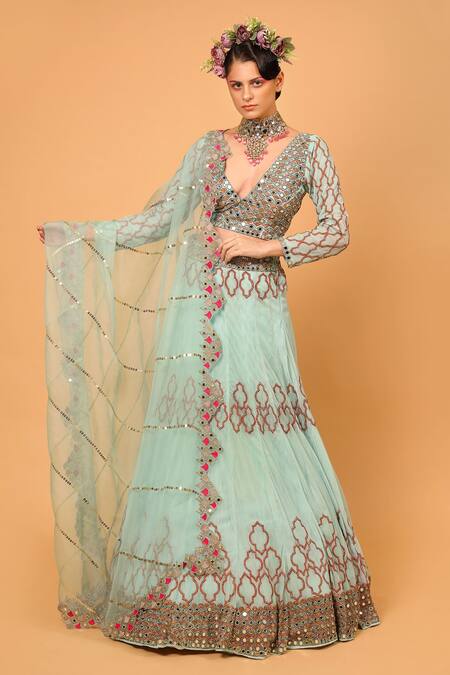 Neha Khullar_Sky Blue Organza, Tulle, Lining Cotton Shantoon Mirror Embroidered Lehenga Set _Online_at_Aza_Fashions