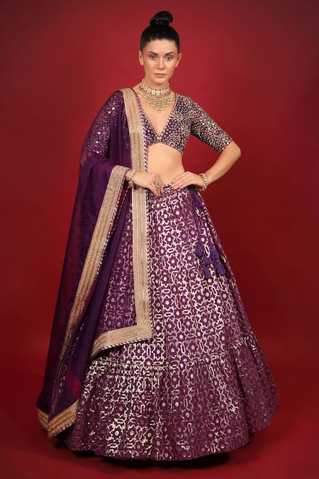 Neha Khullar Banarasi Chanderi Tiered Lehenga Set 