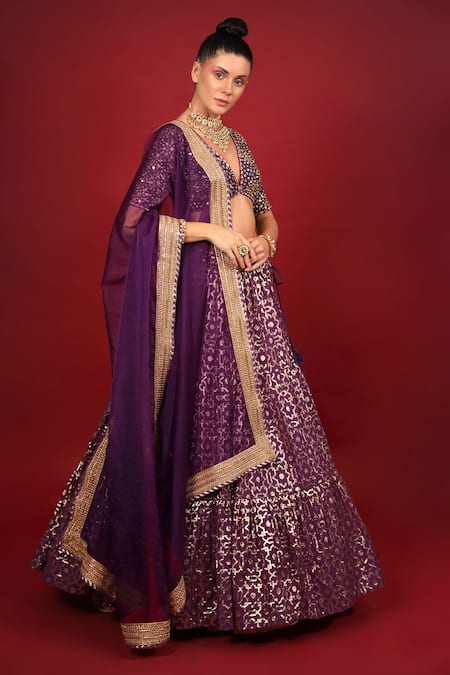 Buy_Neha Khullar_Purple Organza, Net, Banarasi Chanderi, Lining Cotton Tiered Lehenga Set _Online_at_Aza_Fashions
