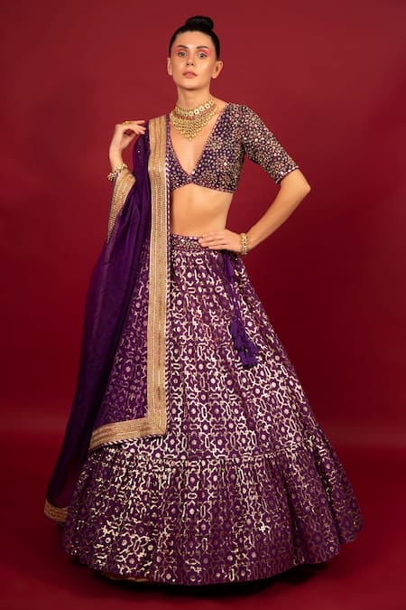 Shop Neha Khullar Purple Organza, Net, Banarasi Chanderi, Lining Cotton Tiered Lehenga Set Online at Aza Fashions Shop_Neha Khullar_Purple Organza, Net, Banarasi Chanderi, Lining Cotton Tiered Lehenga Set _Online_at_Aza_Fashions
