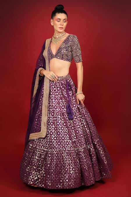 Neha Khullar_Purple Organza, Net, Banarasi Chanderi, Lining Cotton Tiered Lehenga Set _at_Aza_Fashions