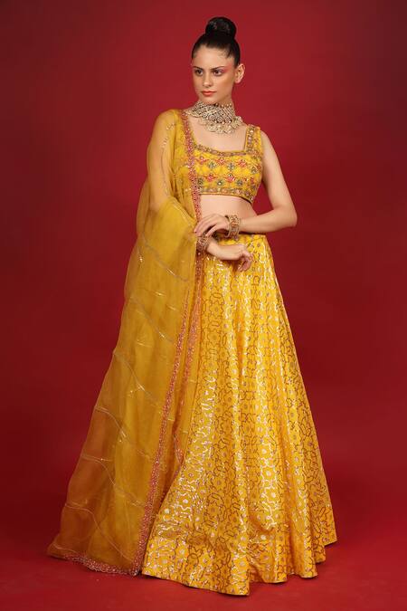Neha Khullar_Yellow Organza, Net, Banarasi Chanderi, Lining Cotton Shantoon Lehenga Set _Online_at_Aza_Fashions