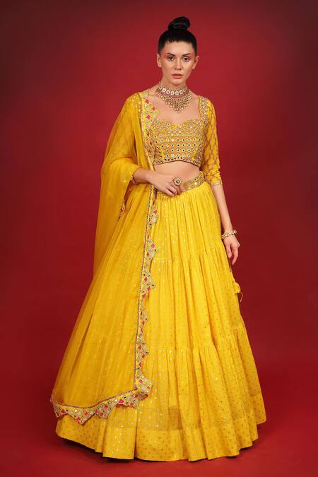 Neha Khullar_Yellow Organza, Net, Banarasi Chanderi, Lining Cotton Tiered Lehenga Set _Online_at_Aza_Fashions