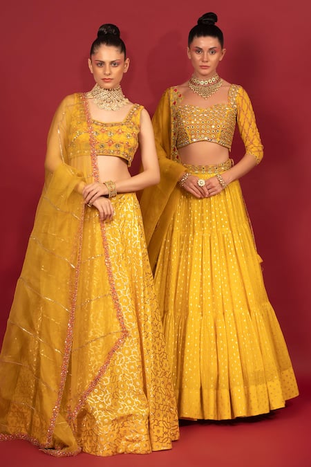 Buy_Neha Khullar_Yellow Organza, Net, Banarasi Chanderi, Lining Cotton Tiered Lehenga Set _Online_at_Aza_Fashions