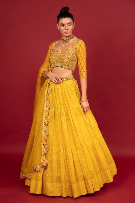 Shop_Neha Khullar_Yellow Organza, Net, Banarasi Chanderi, Lining Cotton Tiered Lehenga Set _Online_at_Aza_Fashions
