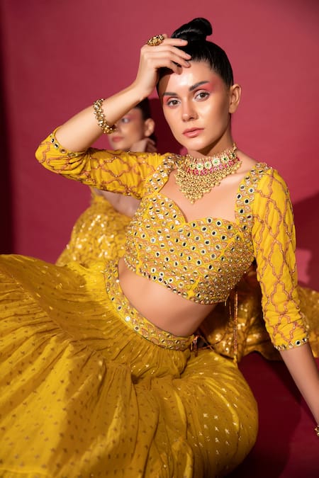 Neha Khullar_Yellow Organza, Net, Banarasi Chanderi, Lining Cotton Tiered Lehenga Set _at_Aza_Fashions