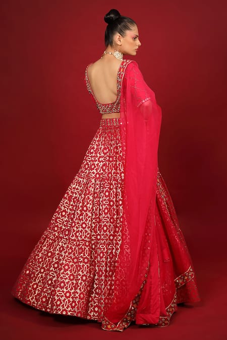 Shop_Neha Khullar_Fuchsia Organza, Net, Banarasi Chanderi, Lining Tiered Bridal Lehenga Set _at_Aza_Fashions