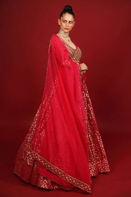 Neha Khullar_Fuchsia Organza, Net, Banarasi Chanderi, Lining Tiered Bridal Lehenga Set _Online_at_Aza_Fashions