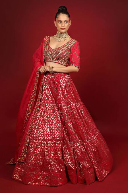 Buy_Neha Khullar_Fuchsia Organza, Net, Banarasi Chanderi, Lining Tiered Bridal Lehenga Set _Online_at_Aza_Fashions
