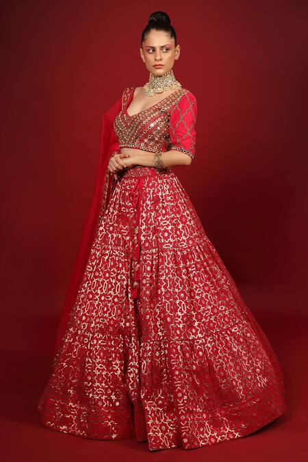 Shop_Neha Khullar_Fuchsia Organza, Net, Banarasi Chanderi, Lining Tiered Bridal Lehenga Set _Online_at_Aza_Fashions