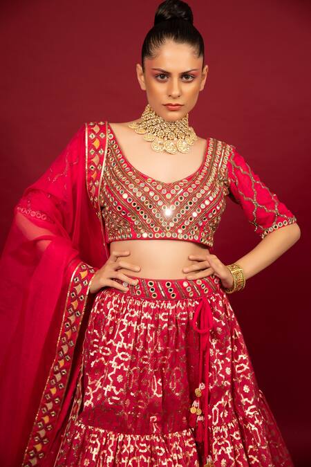Neha Khullar_Fuchsia Organza, Net, Banarasi Chanderi, Lining Tiered Bridal Lehenga Set _at_Aza_Fashions