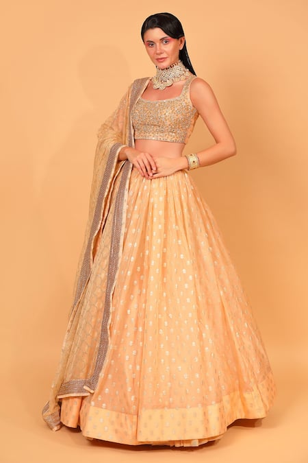 Neha Khullar_Peach Organza, Banarasi Organza, Lining Cotton Shantoon Floral Lehenga Set _Online_at_Aza_Fashions