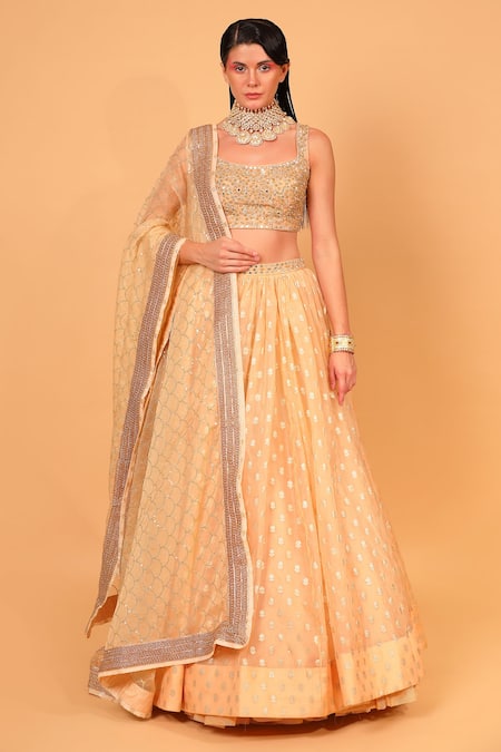 Buy_Neha Khullar_Peach Organza, Banarasi Organza, Lining Cotton Shantoon Floral Lehenga Set _Online_at_Aza_Fashions