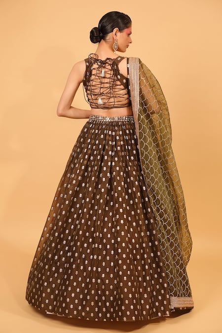 Shop_Neha Khullar_Brown Organza, Banarasi Organza, Lining Cotton Shantoon Floral Lehenga Set _at_Aza_Fashions