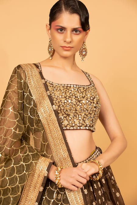 Buy_Neha Khullar_Brown Organza, Banarasi Organza, Lining Cotton Shantoon Floral Lehenga Set _Online_at_Aza_Fashions