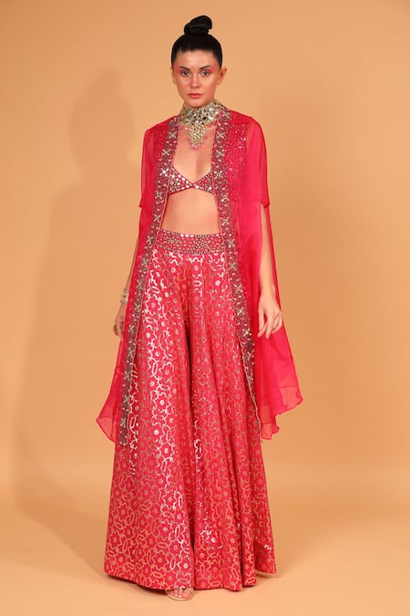 Neha Khullar_Fuchsia Organza, Net, Banarasi Chanderi, Lining Cotton Sharara Set With Cape _Online_at_Aza_Fashions